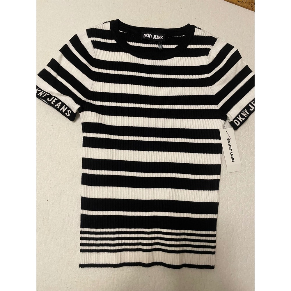 DKNY Jeans Womens Black White Striped Ribbed Knit Short Sleeve Logo Top M NEW